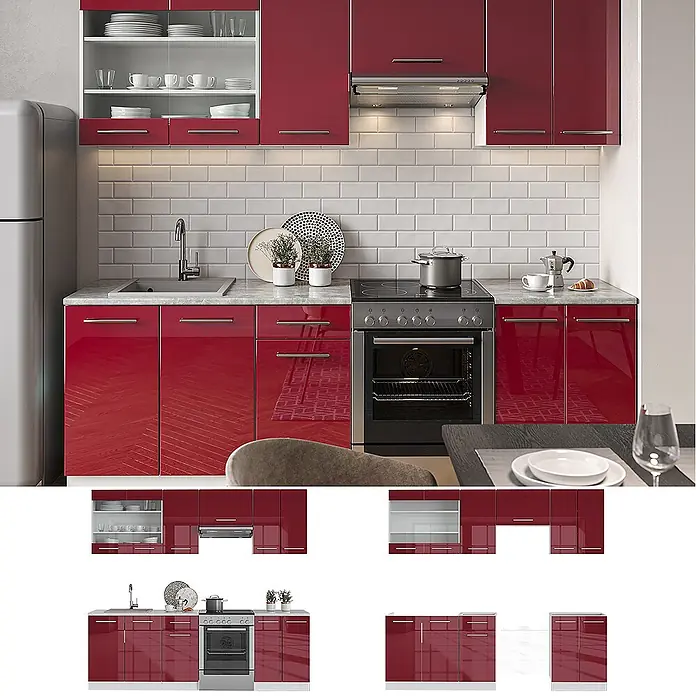 Vicco Küchenzeile Fame-Line Bordeaux Hochglanz/Weiß, AP Anthrazit - Bordeaux Hochglanz, Ohne Elektrogeräte - Moderne, hochglänzende rote Küchenschränke mit Spüle und Backofen.