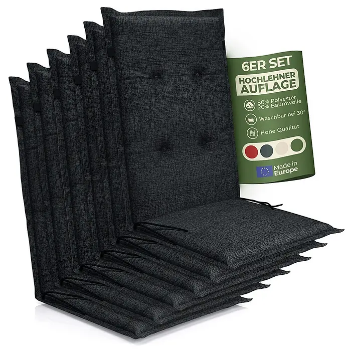 BI International Sitzauflage Florence Hochlehner Auflage - Hochlehner, 6 Stk., L x B x H: 150 x 50 x 5 cm, Mischgewebe 65% Polyester, 35% Baumwolle, Schwarz - Set aus sechs dunkelgrauen Hochlehner-Auflagen aus Polyester-Baumwoll-Mischgewebe, mit Tuftung und Bindebändern.