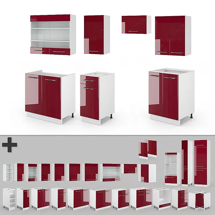 Vicco Küchenzeile Fame-Line Bordeaux Hochglanz/Weiß, AP Anthrazit - Breite: 240 cm, Bordeaux Hochglanz, Ohne Elektrogeräte - Modulare Küchenschränke mit weißen Korpen und glänzenden roten Fronten, in verschiedenen Wand-, Unter- und Hochschrank-Konfigurationen.