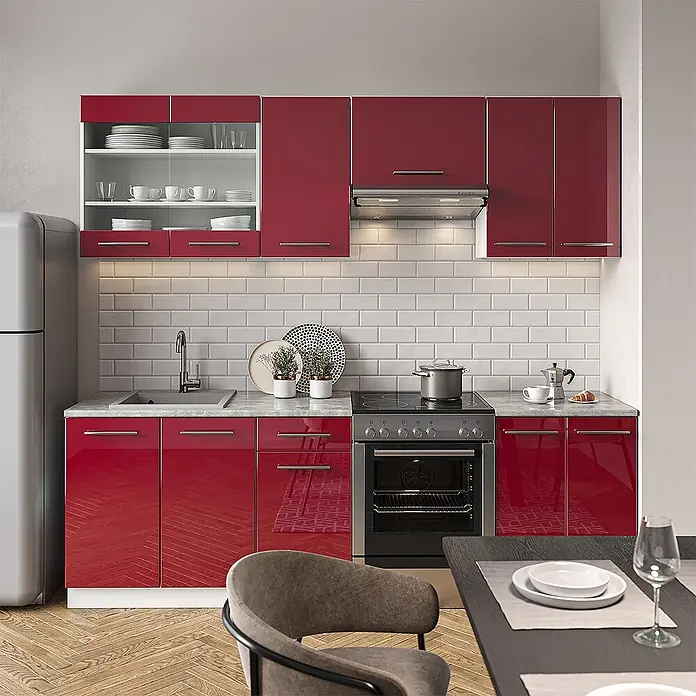 Vicco Küchenzeile Fame-Line Bordeaux Hochglanz/Weiß, AP Anthrazit - Bordeaux Hochglanz, Ohne Elektrogeräte - Moderne Küche mit hochglänzenden roten Schränken, Edelstahlgeräten und grauer Arbeitsplatte, ideal für kleine Räume.