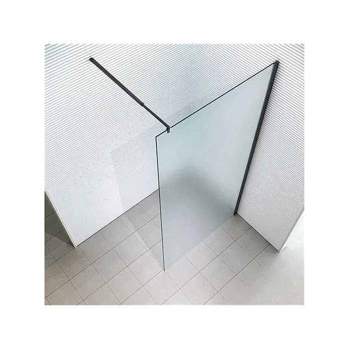 Glaszentrum Hagen Duschwand 90x200 cm LoLa-BK Walk in Duschwand Satin - B x H: 90 x 200 cm, Eloxiert, Weiß - Klare Glasduschwand mit schwarzem Rahmen, in einer gefliesten Badduschecke installiert.