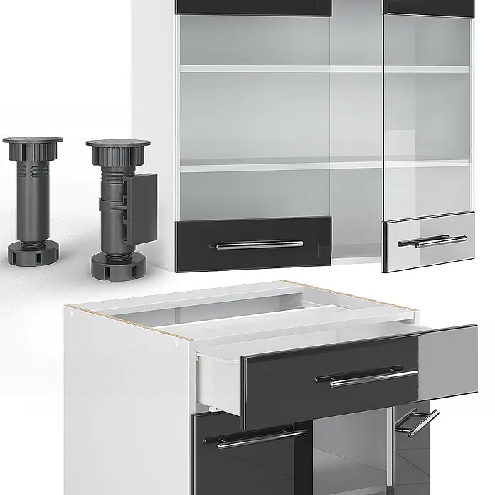 Vicco Singleküche Fame-Line, Anthrazit Hochglanz/Weiß, 140 cm -  - Verstellbare dunkle Kunststoff-Möbelfüße und modulare weiße Schränke mit glänzend schwarzen Schubladen, Glastüren und silbernen Griffen.