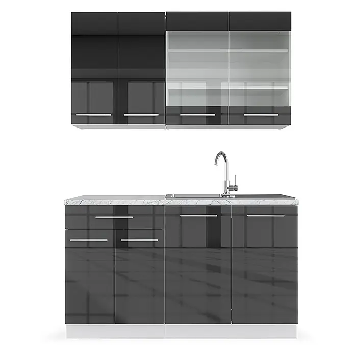 Vicco Singleküche Fame-Line, Anthrazit Hochglanz/Weiß, 140 cm -  - Moderne dunkelgraue Hochglanz-Küchenzeile mit weißer Marmor-Arbeitsplatte, Spüle und teils gläsernen Hängeschränken.