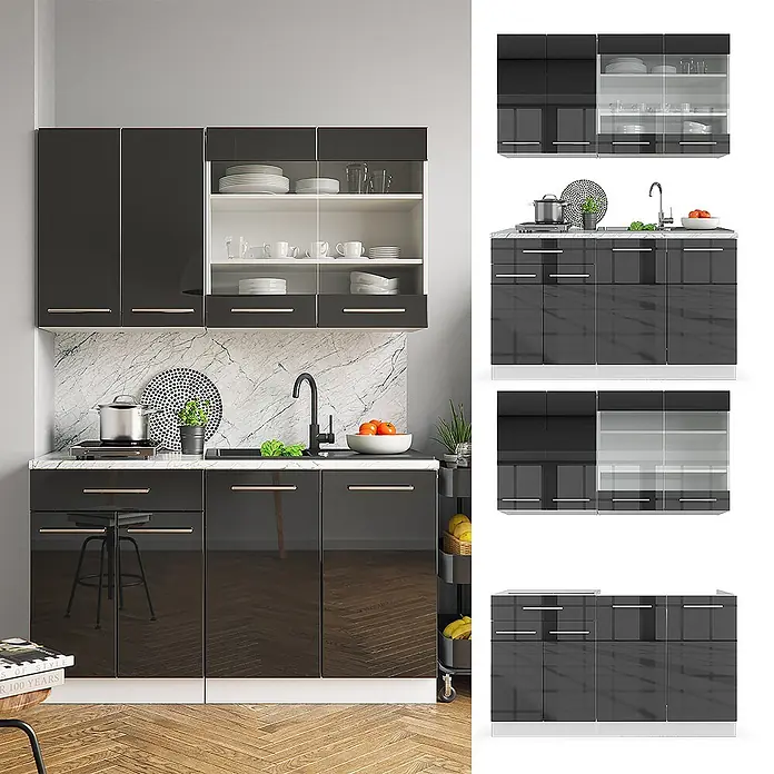 Vicco Singleküche Fame-Line, Anthrazit Hochglanz/Weiß, 140 cm -  - Moderne hochglanz dunkelgraue Küchenschrankgarnitur mit weißer Marmor-Arbeitsplatte. Beinhaltet Ober- und Unterschränke mit silbernen Griffen und integrierter Spüle.