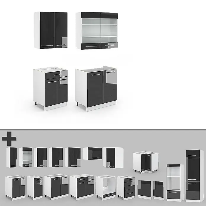Vicco Singleküche Fame-Line, Anthrazit Hochglanz/Weiß, 140 cm -  - Moderne Küchenmöbel-Module mit weißen Korpen und glänzend schwarzen/dunkelgrauen Türen und Schubladen, darunter Wand- und Unterschränke.