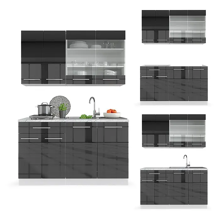 Vicco Singleküche Fame-Line, Anthrazit Hochglanz/Weiß, 140 cm -  - Modulares Küchenschrank-Set in dunkelgrauem Hochglanz mit weißer Marmoroptik-Arbeitsplatte, Spüle und einigen Oberschränken mit Glastüren.