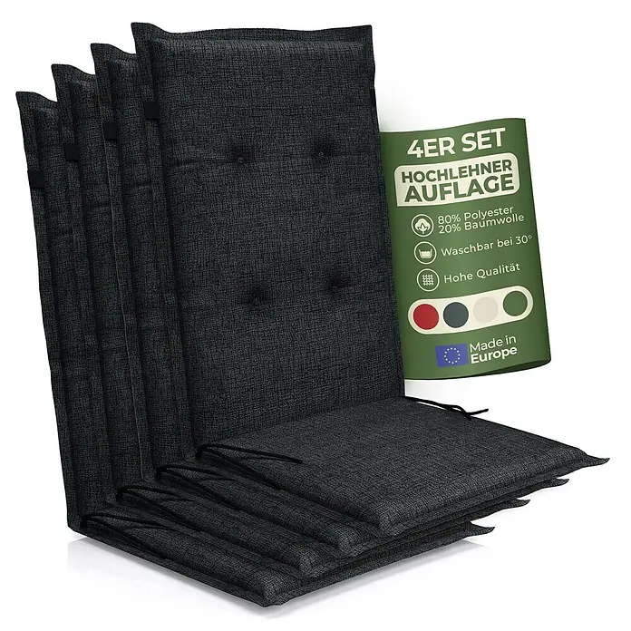 BI International Sitzauflage Florence Hochlehner Auflage - Hochlehner, 4 Stk., L x B x H: 150 x 50 x 5 cm, Mischgewebe 65% Polyester, 35% Baumwolle, Schwarz - Vierer-Set dunkelgrauer Hochlehner-Auflagen aus Polyester-Baumwoll-Mischgewebe.
