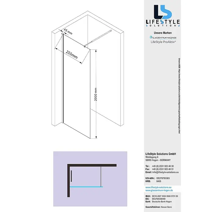 Glaszentrum Hagen Duschwand (GD) 30x200 cm Walk in Dusche Klar - B x H: 30 x 200 cm, Eloxiert, Farblos - Glastrennwandsystem für Dusche mit einer Höhe von 2000 mm und Eckmaßen von 45 mm und 255 mm.