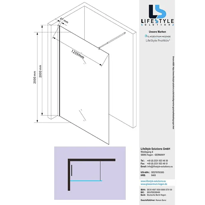 Glaszentrum Hagen Duschwand (GD) 130x200 cm Walk in Dusche Klar - B x H: 130 x 200 cm, Eloxiert, Farblos - Technische Zeichnung einer rahmenlosen Glas-Duschwand mit fester Scheibe, Maße: 2000mm Höhe und 1255mm Breite.