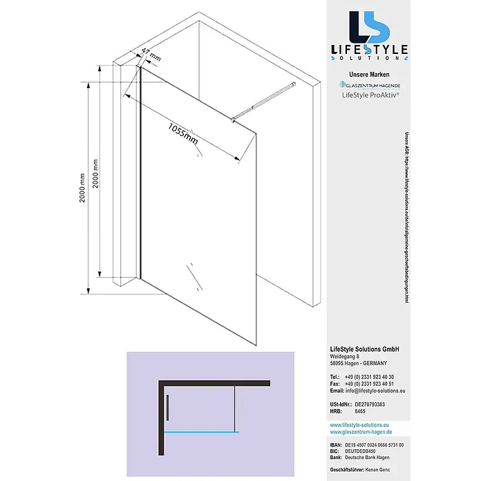 Glaszentrum Hagen Duschwand (GD) 110x200 cm Walk in Dusche Klar - B x H: 110 x 200 cm, Eloxiert, Farblos - Technischer Plan einer Glas-Duschabtrennung mit Maßen und Design.