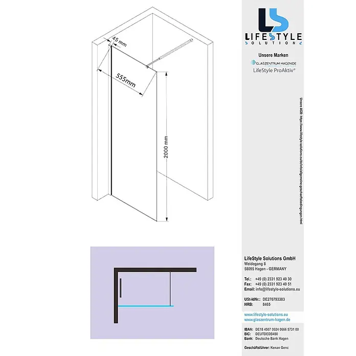 Glaszentrum Hagen Duschwand (WH) 60x200 cm Walk in Dusche - B x H: 60 x 200 cm, Eloxiert, Farblos - Walk-in Duschabtrennung aus Glas, 2000mm hoch, mit 555mm Hauptpaneel und 45mm Seitenpaneel.