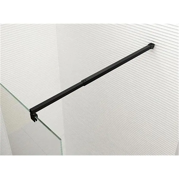 Glaszentrum Hagen Duschwand Glaszentrum Hagen 160x200 cm Jade-B Walk in Dusche Klar - Eloxiert, Farblos - Verstellbare schwarze quadratische Duschstabilisierungsstange, die eine Glasplatte von einer Wand stützt.