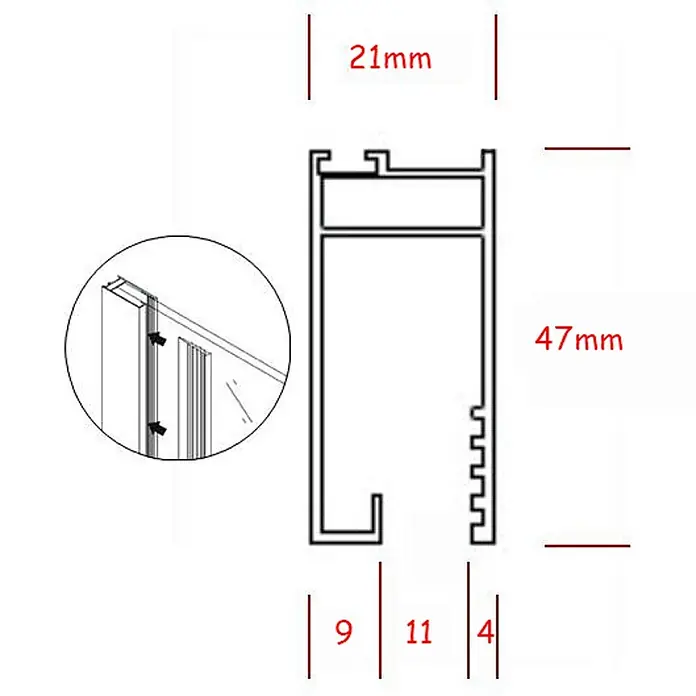 Glaszentrum Hagen Duschwand (WH) 100x200 cm Walk in Dusche Satin - B x H: 100 x 200 cm, Eloxiert, Weiß - Technische Zeichnung eines Aluminiumprofils, 21x47mm, zur Befestigung von Glasscheiben, mit Maßangaben.