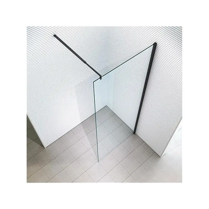 Glaszentrum Hagen Duschwand Glaszentrum Hagen 160x200 cm Jade-B Walk in Dusche Klar - Eloxiert, Farblos - Transparente Glas-Walk-in-Duschabtrennung mit mattschwarzen Wandprofilen, in einer Ecke installiert.