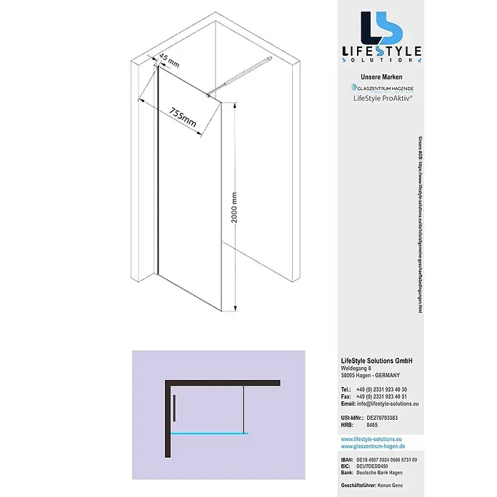 Glaszentrum Hagen Duschwand (WH) 80x200 cm Walk in Dusche Satin - B x H: 80 x 200 cm, Eloxiert, Weiß - Technische Zeichnung einer Glasduschwand, 755 mm breit, 2000 mm hoch, mit Maßangaben.