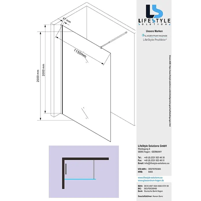 Glaszentrum Hagen Duschwand 120x200 cm EVA Walk in Dusche Satin Mitte - Eloxiert, Transparent, Weiß - Technische Zeichnung einer Glas-Duschabtrennung, 2000mm hoch, mit 1155mm breiter Schwingtür und Wandstütze.