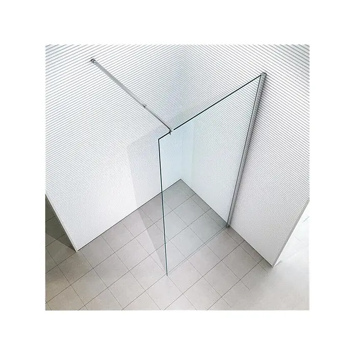Glaszentrum Hagen Duschwand Walk in Duschwand 50x200 cm Klar - B x H: 50 x 200 cm, Eloxiert, Farblos - Walk-in Duschwand aus Klarglas mit silberner Stabilisierungsstange, in moderner Badezimmerecke mit strukturierten Wänden und Fliesenboden.