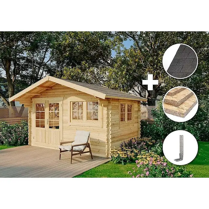 Alpholz Gartenhaus ECO Set Gabriel 400 x 300 cm - Außenmaß inkl. Dachüberstand (B x T): 438 x 367 cm, Holz, Naturbelassen - Gartenhaus aus Naturholz mit Dach, Fenstern und Tür im Garten, dazu Muster von Dachschindeln, OSB-Platten und Metallwinkel.