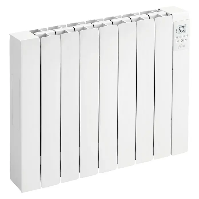 Ferroli Emisor térmico Rimini - 1.200 W, Blanco, 10 x 71,6 x 58,1 cm, Fluido - Primer plano de un radiador Ferroli blanco con controles digitales para una regulación precisa de la temperatura.