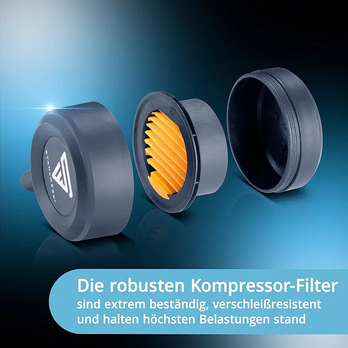 STAHLWERK Kompressor ST-110 Pro - Max. Druck: 8 bar, 10 l, Schmierung: Ohne - Demontierter Kompressorfilter mit dunkelgrauem Gehäuse und hellorangefarbenem Faltenfilterelement.
