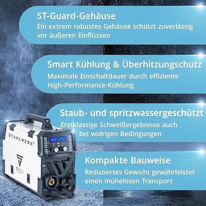 STAHLWERK Kombi-Schweißgerät CTM-416 PULS Pro Vollausstattung -  - Ein kompaktes weiß-schwarzes Stahlwerk Schweißgerät mit Digitalanzeige und Bedienfeld für den professionellen Einsatz.
