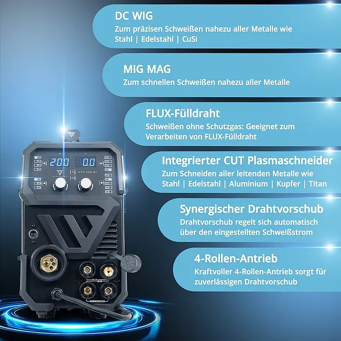 STAHLWERK Kombi-Schweißgerät CTM-250 ST Vollausstattung -  - Dunkelgraues Multifunktionsschweißgerät mit Digitalanzeige und verschiedenen Anschlüssen für DC WIG, MIG MAG, FLUX und Plasmaschneiden.
