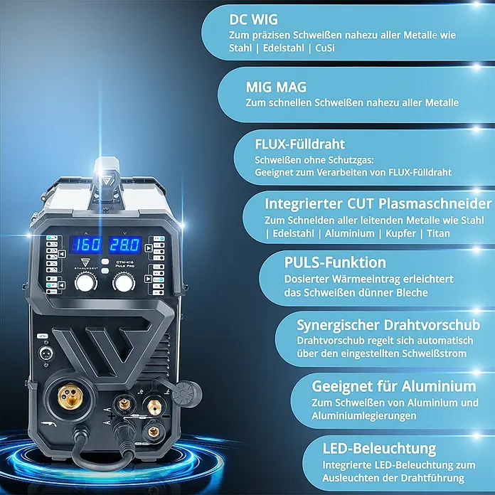 STAHLWERK Kombi-Schweißgerät CTM-416 PULS Pro Vollausstattung -  - Graue und schwarze Multi-Prozess-Schweiß- und Plasmaschneidmaschine mit Digitalanzeige und Frontanschlüssen.