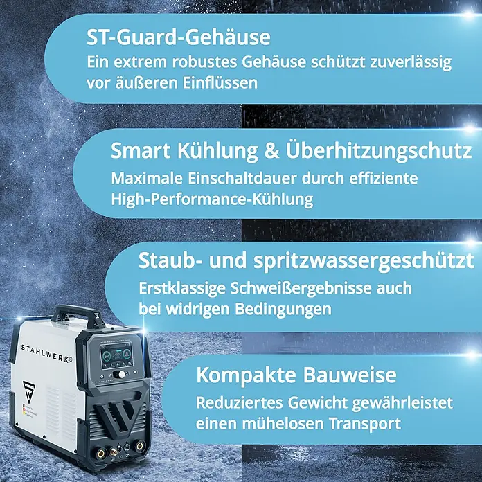 STAHLWERK WIG-Schweißgerät Schutzgas-Schweißgerät AC/DC WIG 200 Puls Pro Touch Vollausstattung -  - Weißes und schwarzes ST-Guard Schweißgerät, staub- und spritzwassergeschützt, mit smarter Kühlung und kompakter Bauweise für einfachen Transport.