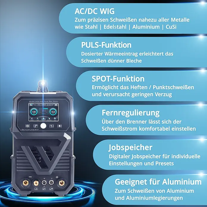 STAHLWERK WIG-Schweißgerät Schutzgas-Schweißgerät AC/DC WIG 200 Puls Pro Touch Vollausstattung -  - Dunkelgraue AC/DC WIG-Schweißmaschine mit Digitalanzeige, die Text hervorhebt für Puls, Spot und Aluminiumschweißen.