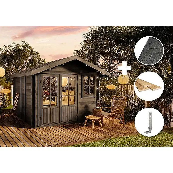 Alpholz Gartenhaus ECO Set Palermo grau - Außenmaß inkl. Dachüberstand (B x T): 331 x 331 cm, Holz, Grau - Dunkelgrauer Holz-Gartenschuppen mit Glastüren und Fenstern auf einer Holzterrasse im Garten.