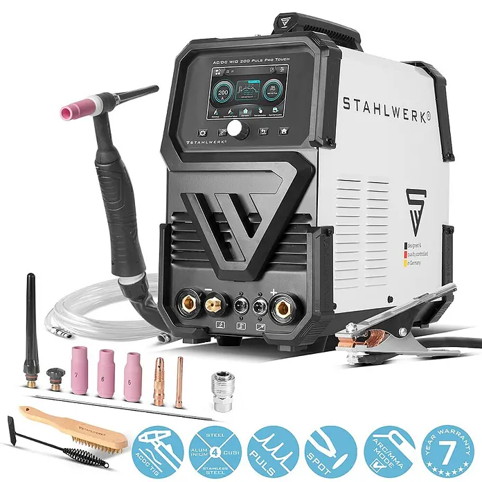 STAHLWERK WIG-Schweißgerät Schutzgas-Schweißgerät AC/DC WIG 200 Puls Pro Touch -  - STAHLWERK AC/DC WIG 200 Puls Pro Touch Schweißgerät mit Touchscreen, WIG-Brenner, Masseklemme und Zubehör.