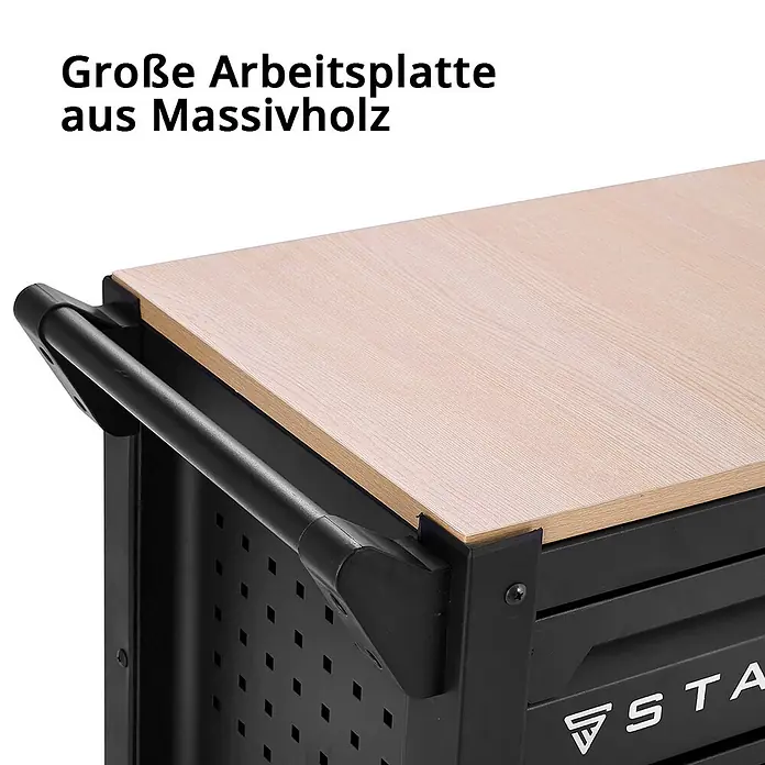 STAHLWERK Werkzeugkoffer Werkstattwagen DINO XXL Montagewagen -  - Große Arbeitsplatte aus hellem Massivholz auf einem schwarzen Werkstattwagen mit Griff.