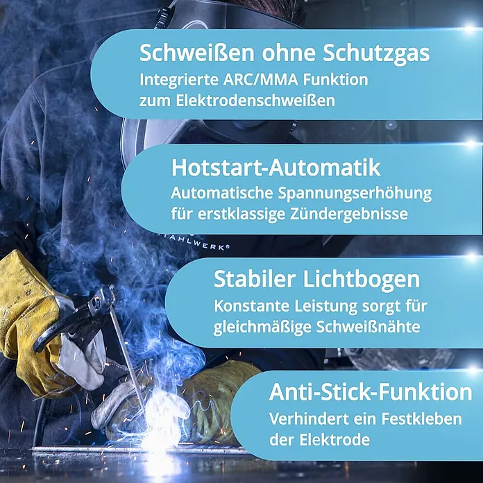 STAHLWERK WIG-Schweißgerät Schutzgas-Schweißgerät AC/DC WIG 200 Puls Pro Touch Vollausstattung -  - Person beim Elektrodenschweißen mit Funken, hebt Hotstart, stabilen Lichtbogen und Anti-Stick hervor.