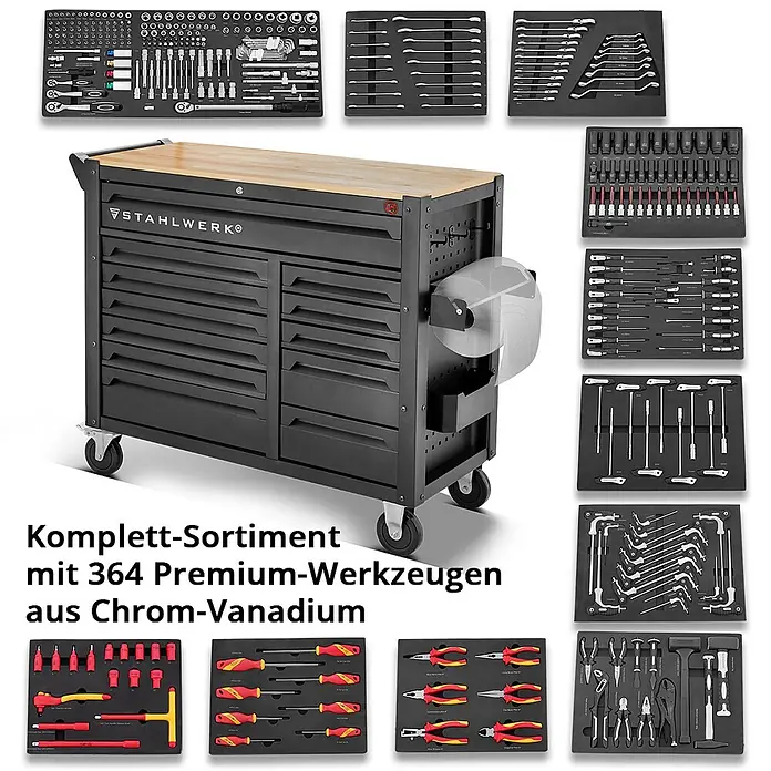 STAHLWERK Werkzeugkoffer Werkstattwagen DINO XXL Montagewagen -  - Schwarzer Werkzeugwagen mit Holzplatte, enthält 364 Premium-Werkzeuge aus Chrom-Vanadium in Schaumstoffeinlagen.
