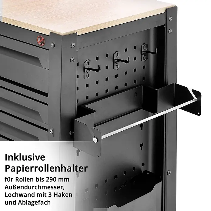 STAHLWERK Werkzeugkoffer Werkstattwagen DINO XXL Montagewagen -  - Dunkelgraue Werkbankseite mit Holzplatte, Lochwand mit 3 Haken und Papierrollenhalter mit Ablagefach.