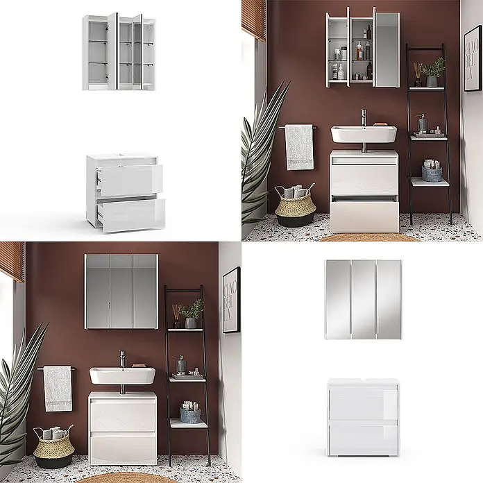 Vicco Badmöbel-Set Majest Weiß 2 Teile - Gesamtbreite Badmöbel: 60,2 cm, Weiß Hochglanz, Glänzend - Weißer Badmöbel-Set mit dreitürigem Spiegelschrank und Waschtischunterschrank mit zwei Schubladen.