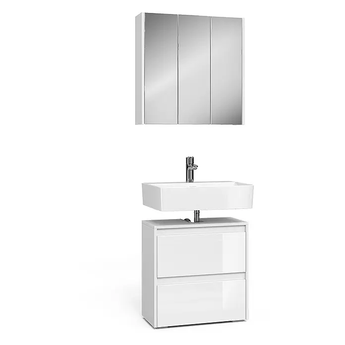 Vicco Badmöbel-Set Majest Weiß 2 Teile - Gesamtbreite Badmöbel: 60,2 cm, Weiß Hochglanz, Glänzend - Weißes Badmöbelset mit rechteckigem Waschbecken, Chromarmatur, Zweischubladenunterschrank und dreitürigem Spiegelschrank.