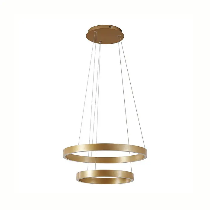 Lucande Pendelleuchte Yonam - L x B x H: 60 x 60 x 4,5 cm, messing / gold, gold, weiß - Goldfarbene Pendelleuchte mit zwei gestapelten Ringen, aufgehängt an einer runden Deckenplatte.