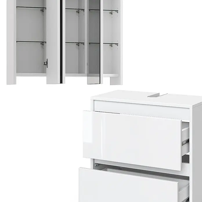 Vicco Badmöbel-Set Majest Weiß 2 Teile - Gesamtbreite Badmöbel: 60,2 cm, Weiß Hochglanz, Glänzend - Weißer Hochglanz-Badezimmerschrank mit offenen Schubladen und passendem Spiegelschrank mit geöffneten Spiegeltüren und Glasböden.