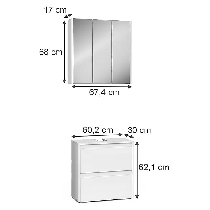 Vicco Badmöbel-Set Majest Weiß 2 Teile - Gesamtbreite Badmöbel: 60,2 cm, Weiß Hochglanz, Glänzend - Weißes Badezimmerset: ein Spiegelschrank und ein Waschtischunterschrank mit Schubladen, Maße angegeben.