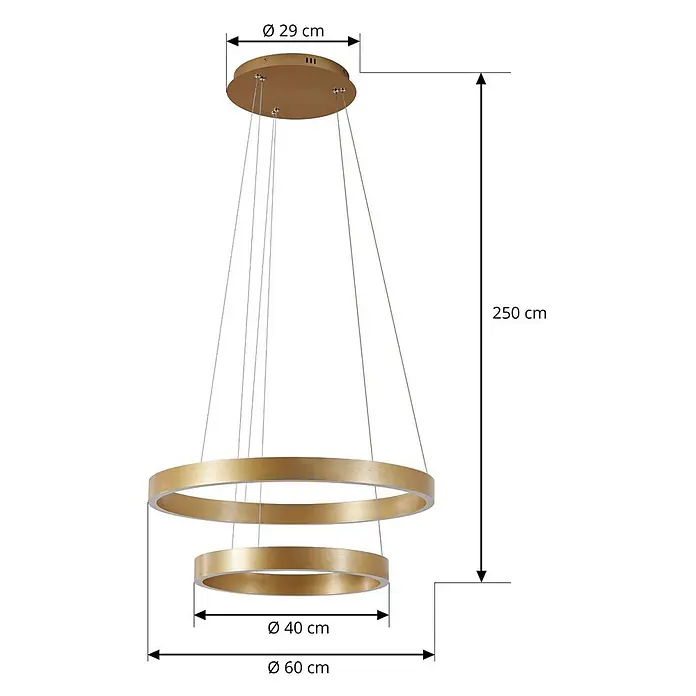 Lucande Pendelleuchte Yonam - L x B x H: 60 x 60 x 4,5 cm, messing / gold, gold, weiß - Goldene LED-Pendelleuchte mit zwei Ringen, von einer Deckenplatte abgehängt.