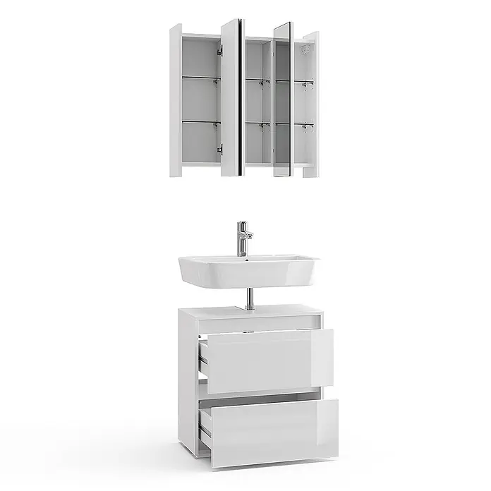 Vicco Badmöbel-Set Majest Weiß 2 Teile - Gesamtbreite Badmöbel: 60,2 cm, Weiß Hochglanz, Glänzend - Weißes glänzendes Badmöbel-Set mit Waschbecken, offenen Schubladen und Spiegelschrank.