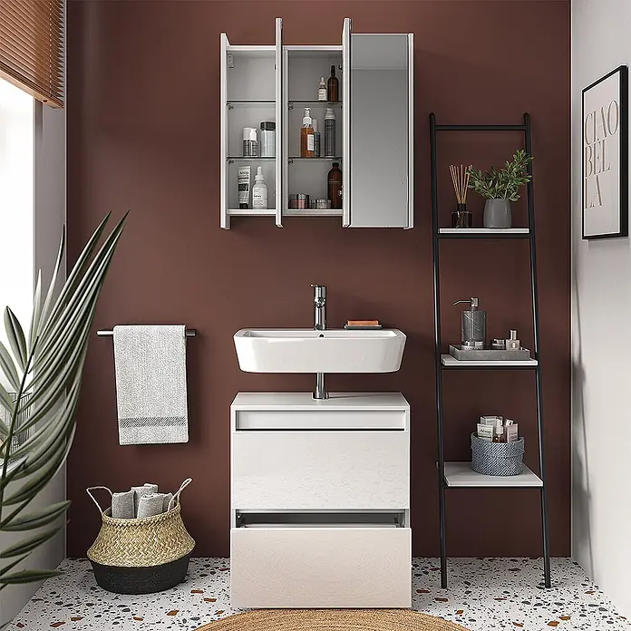Vicco Badmöbel-Set Majest Weiß 2 Teile - Gesamtbreite Badmöbel: 60,2 cm, Weiß Hochglanz, Glänzend - Weißer Badunterschrank mit Keramikwaschbecken und Spiegelschrank in modernem Badezimmer.
