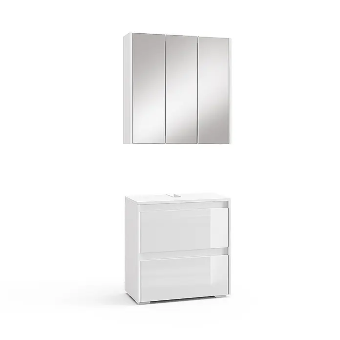 Vicco Badmöbel-Set Majest Weiß 2 Teile - Gesamtbreite Badmöbel: 60,2 cm, Weiß Hochglanz, Glänzend - Weißer Waschtischunterschrank mit zwei Schubladen und passendem dreitürigen Spiegelschrank für das Bad.