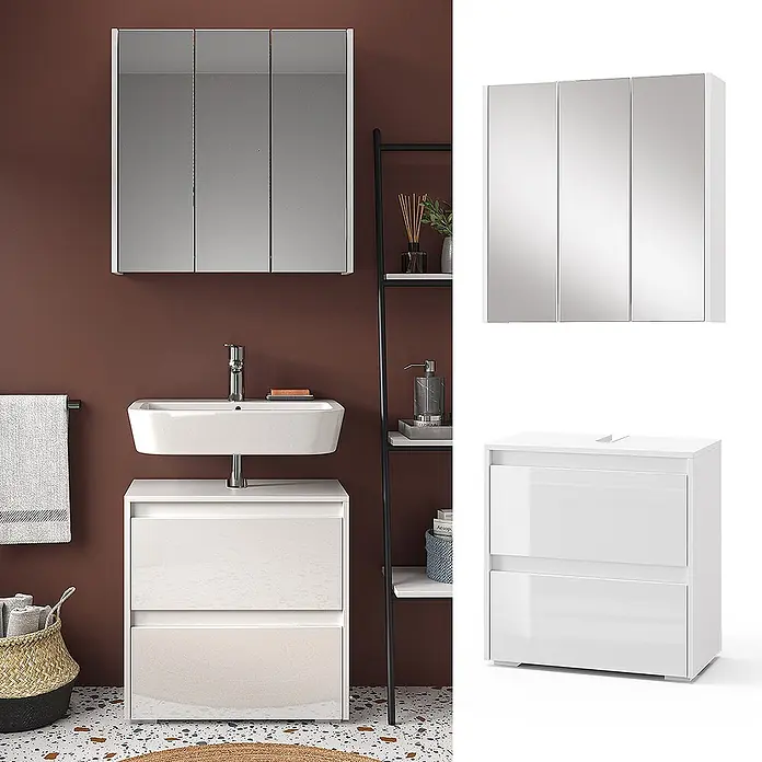 Vicco Badmöbel-Set Majest Weiß 2 Teile - Gesamtbreite Badmöbel: 60,2 cm, Weiß Hochglanz, Glänzend - Weißer Spiegelschrank und passender weißer Waschtischunterschrank mit Waschbecken und zwei Schubladen im Badezimmer.