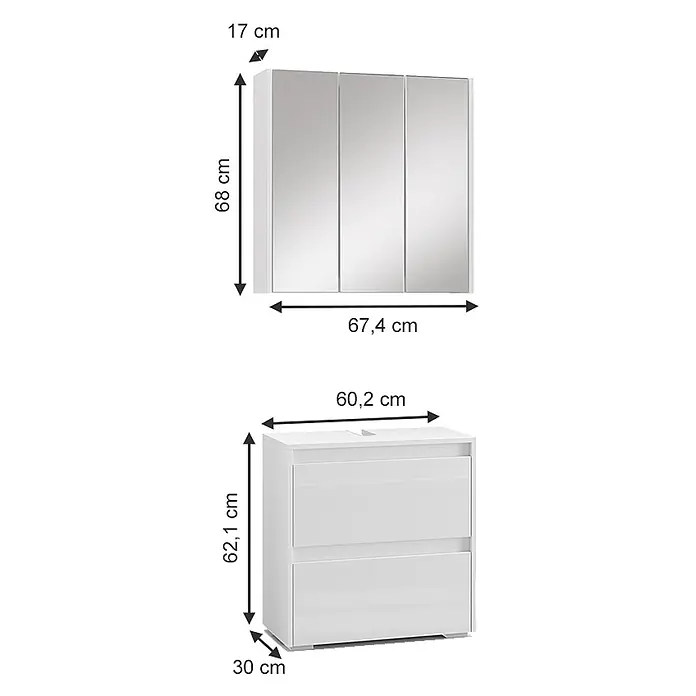 Vicco Badmöbel-Set Majest Weiß 2 Teile - Gesamtbreite Badmöbel: 60,2 cm, Weiß Hochglanz, Glänzend - Weißer Spiegelschrank (67,4x68x17 cm) und Waschtischunterschrank (60,2x62,1x30 cm) mit Schubladen für das Badezimmer.