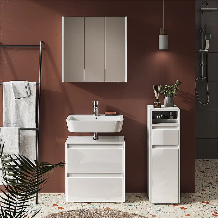 Vicco Badmöbel-Set Majest Weiß 3 Teile - Gesamtbreite Badmöbel: 90,4 cm, Weiß Hochglanz, Glänzend - Weißer Hochglanz-Badwaschtisch mit integriertem Waschbecken, Spiegelschrank und hohem Stauraumschrank.