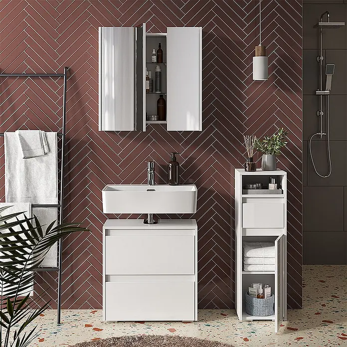 Vicco Badmöbel-Set Majest Weiß 3 Teile - Gesamtbreite Badmöbel: 90,4 cm, Weiß Hochglanz, Glänzend - Moderne weiße Badmöbel: Waschtisch mit Waschbecken, Spiegelschrank und Hochschrank in einem stilvollen Badezimmer.