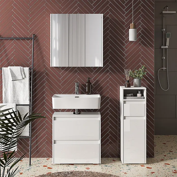 Vicco Badmöbel-Set Majest Weiß 3 Teile - Gesamtbreite Badmöbel: 90,4 cm, Weiß Hochglanz, Glänzend - Weißer, glänzender Badezimmerschrank mit integriertem Waschbecken und passendem Hochschrank in einem modernen Bad.