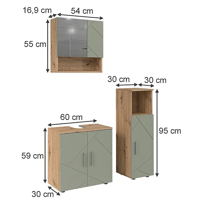 Vicco Badmöbel-Set Irma Salbeigrün 3 Teile - Salbeigrün, Glänzend - Drei Badschränke in Holzoptik und Salbeigrün, einer wandmontiert mit Spiegel, ein Waschbeckenunterschrank und ein Hochschrank.